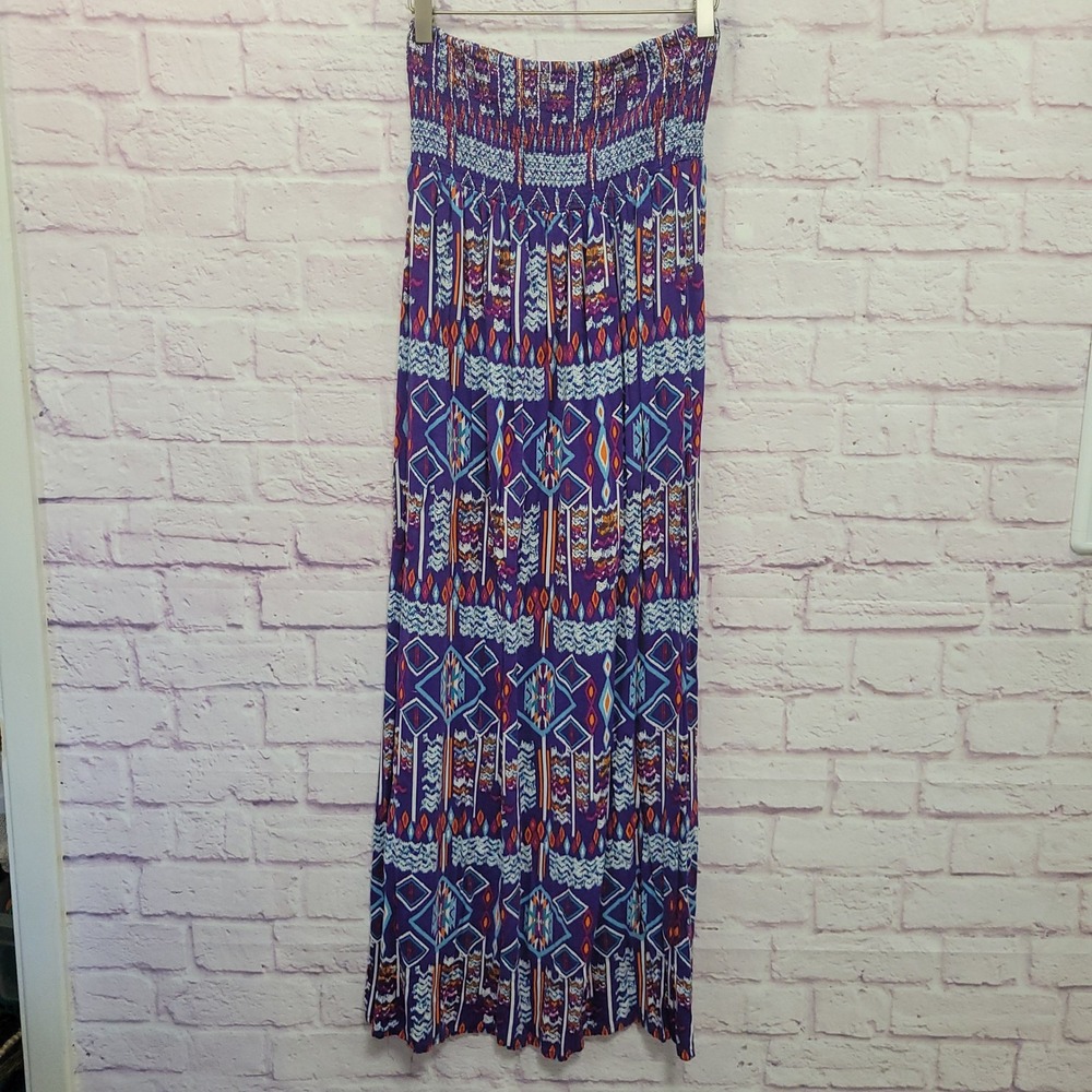 Forever 21 Geometric Tribal Maxi Dress M Strapless Smocked Southwestern Festival